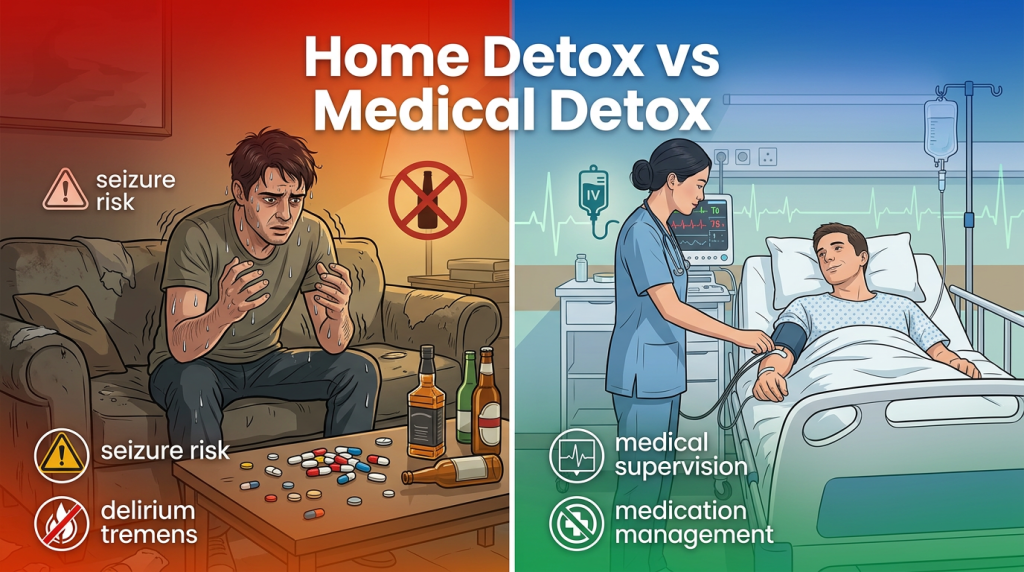 Image divided in 2 splits - one is alcohol detox at home the other is medical detox at a facility