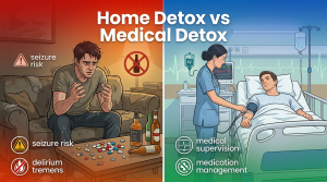 Image divided in 2 splits - one is alcohol detox at home the other is medical detox at a facility